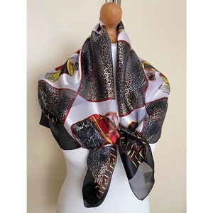 Vintage Square Scarf Shawl Wrap Black White Leopard Accessories Print Neckerchief Art Deco Foulard, 35x35", 90x91 cm