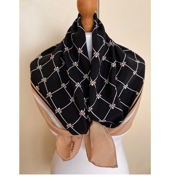 Vintage Silk Square Scarf Plaid Beige Black Neckerchief Polka Dots Silk Crepe Scarf Seta Foulard Seidentuch, 31,5x32", 80x81 cm