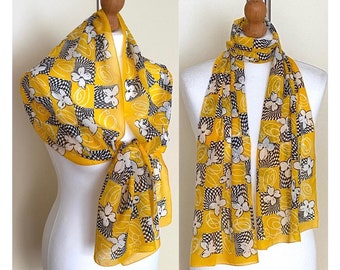 Vintage Art Deco Long Scarf Yellow Black White Chiffon Floral Evening Shawl Wrap Prom Stole Cover, 14x63'' 37x160 cm