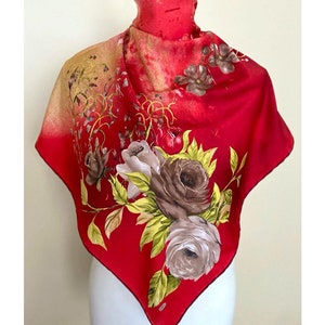 Vintage Bordeaux Rot Tan großes quadratisches Tuch Blumen Folk Print Halstuch Foulard, 35x35&quot;, 89 x 89 cm