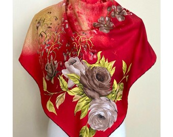 Vintage Burgundy Red Tan Large Square Scarf Floral Folk Print Neckerchief Foulard, 35x35", 89x89 cm