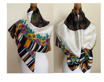 Vintage Large Scarf Shawl Wrap Dark Navy Cream Yellow Green Purple Neckerchief Vintage Foulard Cover, 41x41"/104x105cm