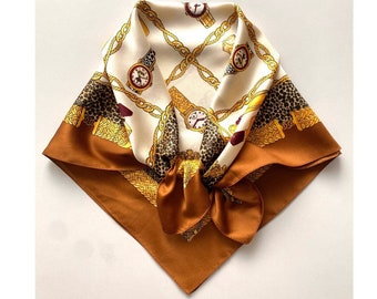 Vintage anni '70 anni '80 Bandana Profumi Orologi Cinture Fazzoletto con stampa leopardata Fascia per capelli retrò Giallo Marrone Crema Sciarpa Cravatta, 22x23", 57x58 cm