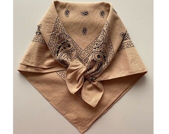 Vintage 60s Cotton Bandana Small Cotton Scarf Rare Paisley Tan Handkerchief Rocker Boho Hippie Retro Bandana Hairband, 20,5x21", 52x53 cm