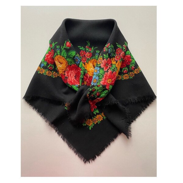 Vintage Wool Folkloric Scarf Black Green Blue Yellow Pink Folk Neckerchief Foulard Babushka 60s 70s Wool Folk Scarf, 29x29,5"/ 73x75 cm