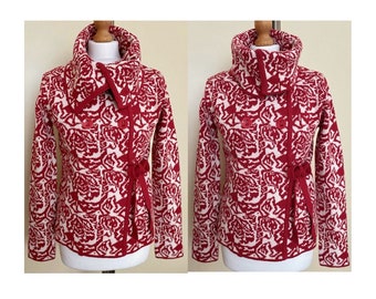 Vintage Cardigan en laine de coton KappAhl pour femmes, motif floral folklorique, pull rouge blanc cassé, taille S