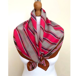 Vintage 90s Striped Square Scarf Tan Grey Pink Retro Neckerchief Belts Chains Print Striped 90s Foulard, 30x30,7", 77x78 cm