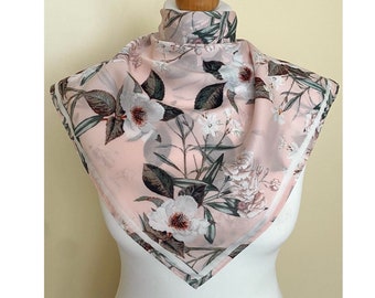 Bandana floral vintage, petite écharpe carrée, foulard vieux rose, mouchoir rétro, 23 x 24 po./ 59 x 60,5 cm