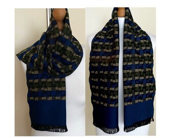 Vintage Men's Long Scarf Dark Blue Green Brown Yellow Oblong Men's Retro Scarf Shawl, 12x47,5'' 31x121 cm