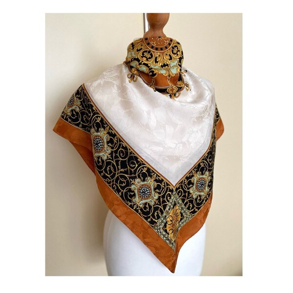 Vintage 90s Made Italy Silk Jacquard Scarf Cream Black Brown Baroque Neckerchief Retro Italian Seta Foulard Seidentuch, 33x33,5", 84x85 cm