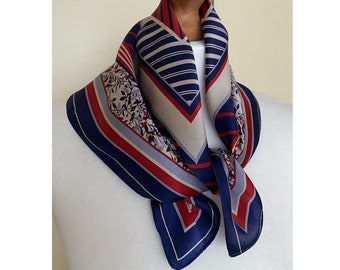Vintage Sam Edelman Folk Silk Bandana Striped Small Square Scarf Blue Red Ivory Foulard Retro Kerchief Hair Handbag Silk Tie,20x21"/51x53 cm