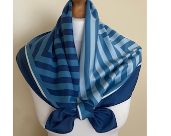 Vintage Art Deco Square Scarf Blue Striped Geometric Neckerchief, 30x31", 77x79 cm