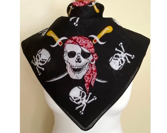 Vintage Cotton Bandana Skulls Print Small Square Scarf Black Yellow Red Skull Print Rocker Haiband, 22x22", 55,5x55,5 cm