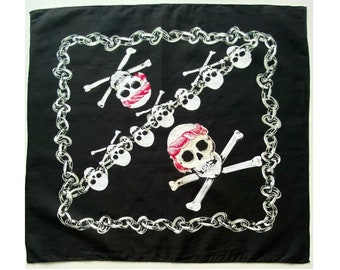 Vintage Cotton Bandana Skulls Print Small Baumwolle Scarf Black White Red Skull Print Rocker Biker Haiband, 20x22", 51x56 cm