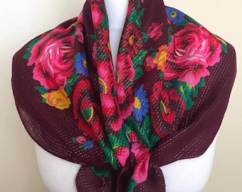 Vintage Folkloric Square Scarf Burgundy Lurex Floral Folk Neckerchief Retro Foulard, 27,5x28,5"/70x73cm