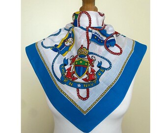 Vintage Made In USA Cotton Bandana Marine Turquoise Blue White Handkerchief Small Square Scarf, 21x22", 55x56 cm