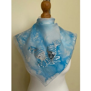 Vintage Silk Bandana Small Square Scarf Light Blue Watercolor Handkerchief Silk Chiffon Hair Handbag Tie, 21x21&quot;, 53x55 cm