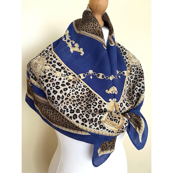 Vintage Brentwood Italy Silk Square Scarf Blue Equestrian Animal Print Neckerchief Retro Seta Foulard Seidentuch, 33x34", 85x87 cm