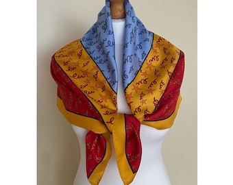 Vintage Silk Square Scarf Red Yellow Blue EU Symbol Print Silk Neckerchief, 34x34" 87x87 cm