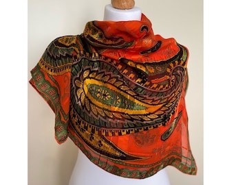 Vintage Silk Square Scarf Orange Green Yellow Paisley Print Neckerchief Colorful Bogemian Retro Silk Scarf, 31x32", 80x82 cm