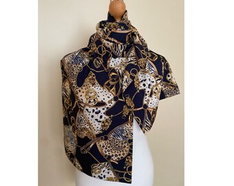 Vintage Equestrian Unisex Long Scarf Men's Double Layer Dark Navy Yellow Cream Oblong Scarf, 11x57'' 30x147 cm