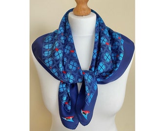 Pañuelo de seda vintage cuadrado azul marino con estampado de Red Bulls, pañuelo para la cabeza, 28 x 28 pulgadas, 71 x 72 cm