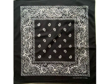 Bandana vintage en coton, petite écharpe carrée cachemire, mouchoir à bascule, noir blanc, bohème hippie, cheveux sac à main cravate, 20 x 21 po, 52 x 53 cm