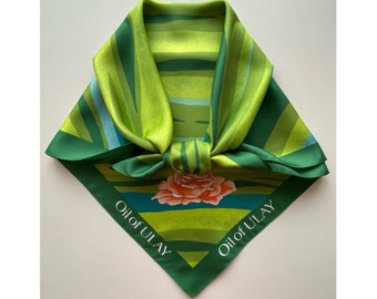 Vintage Square Scarf Green Blue Neckerchief, 31x31"/ 78x79 cm