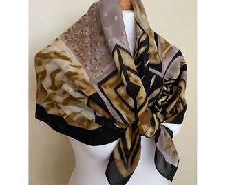 Vintage Fidan Large Square Scarf Shawl Wrap Black Tan Pastel Grey-Purple Art Deco Print Neckerchief Cover, 37x37", 94x96 cm