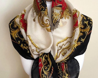Vintage 80s 90s Wool Hand Rolled Scarf Red Black Cream Yellow Wolle Retro Neckerchief Foulard, 32,5x33,5"/83x85cm