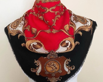 Vintage 80er 90er Jahre Wolle kleiner Schal rot schwarz creme Wolle Retro Halstuch Foulard, 64 x 64 cm