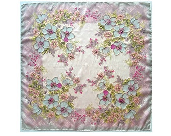 Vintage 70s 80s Folk Bandana Small Square Scarf Coral Pink Purple Pastel Green Grey Floral Folkloric Retro Neckerchief, 26x27", 67x69 cm