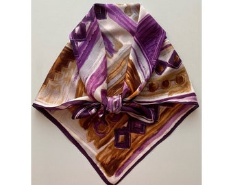 vintage Art déco bandana petite écharpe carrée violet marron foulard foulard imprimé abstrait foulard, 26 x 27 po./67 x 68 cm