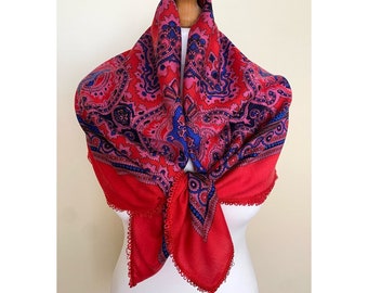 Vintage folkloristische vierkante sjaal rood blauw Paisley folk halsdoek retro cover wrap, 35x36" 88x92cm