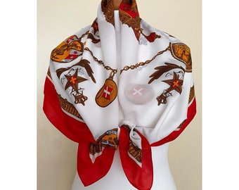 Italiaanse jaren '70 jaren '80 New York Yacht Club Vintage vierkante sjaal Royal Yacht Squadron Print halsdoek rood gebroken witte retro sjaal, 34x35", 86x89 cm