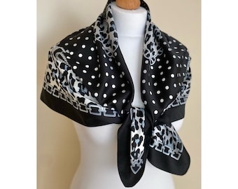 Vintage elegante vierkante sjaal stippen luipaardprint omslagdoek luxe zwart grijs-blauw witte halsdoek 34x35", 87x89 cm