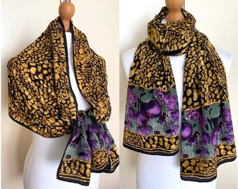 Vintage Codello seda lujo bufanda larga chal púrpura menta negro dorado noche fiesta oblong bufanda leopardo Art Déco impresión, 20x59''/51x150 cm