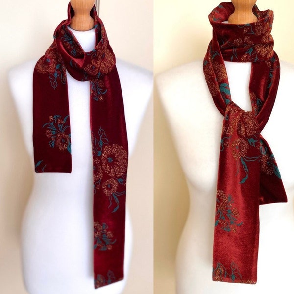 Velvet Luxury Skinny Scarf Double Layer Long Thin Scarf Burgundy Rust Golden Lurex Evening Wedding Skinny Scarf Neck Tie, 3x61"/8x156 cm