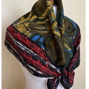 Vintage 60er Jahre Seidentuch quadratisch Schwarz Rot Blau Gelb Khaki Seidenhalstuch Abstrakter Druck Retro Seidentuch Seta Foulard, 30x31&quot;, 77 x 79 cm