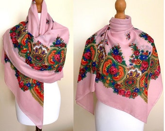 Vintage Jasmijn Folkloristische Grote Sjaal Dusty Rose Rood Groen Geel Blauw Bloemen Paisley Folk Retro Wrap Cover, 47x48" 119x122cm