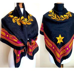 Vintage Linda Allard Ellen Tracy Seide Großer Schal Schal Halstuch Schwarz Zyklam Golden Gelb Seta Foulard Seidentuch,42,5x43&quot;,108 x 109 cm