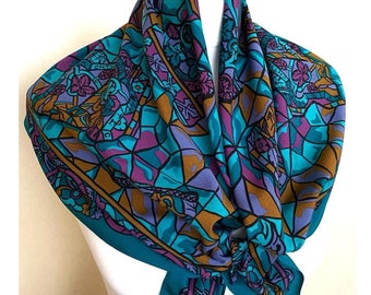Vintage 90s Made In Italy Square Scarf Teal Purple Abstract Print Neckerchief Retro Italian Foulard, 30x30", 76x77 cm