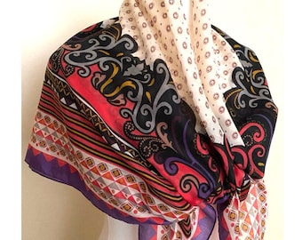 Vintage Chiffon Shawl Large Square Scarf Purple Coral Cream Neckerchief Wrap Paisley Folk Large Foulard, 43x43" 109x109cm