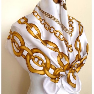 Vintage 90s Square Scarf White Mustard-Yellow Neckerchief Chains Print Foulard Scarf, 34,6x35&quot;, 88x89 cm