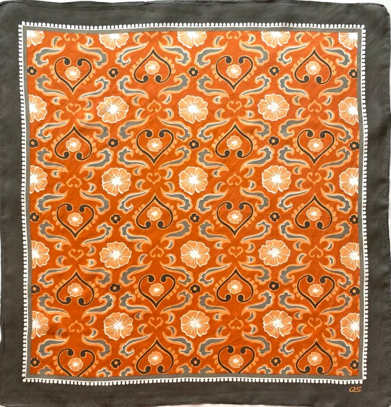 Vintage QS Silk Bandana Orange Khaki Small Square… - image 8