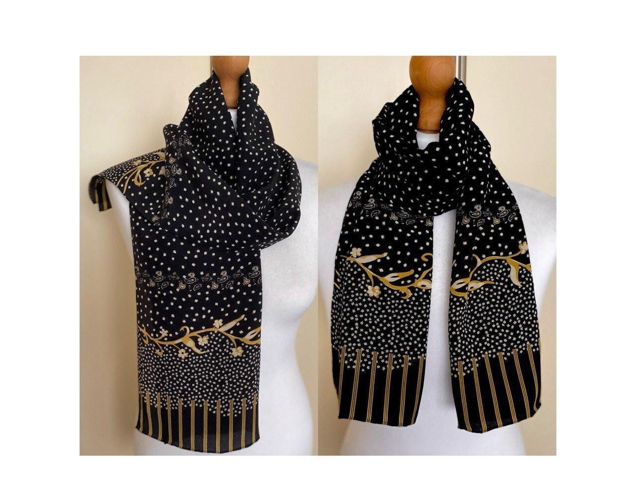 Vintage Gerry Weber Silk Long Scarf Seta Women's Men's Black Mustard Ivory  Silk Long Scarf Paisley Floral Silk Tie,