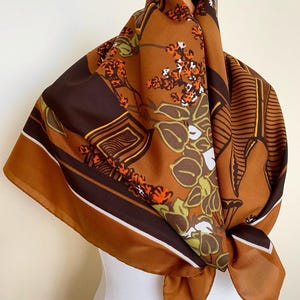 Vintage Japan Style Print Square Scarf Brown Green Spring Flowering Trees Print Retro Foulard Neckerchief, 34x34,6&quot; 87x87,5 cm