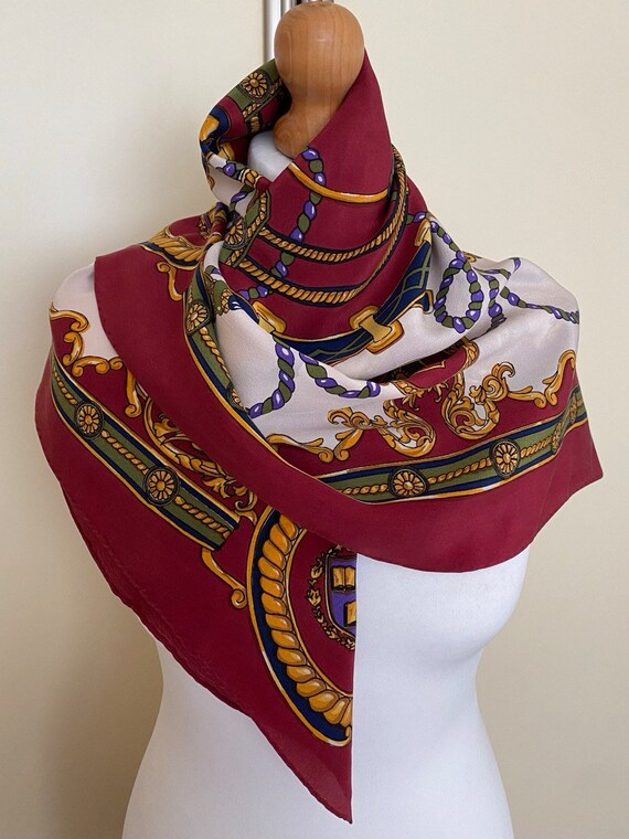 Vintage 90s Silk Square Scarf Burgundy Ivory Yell… - image 5