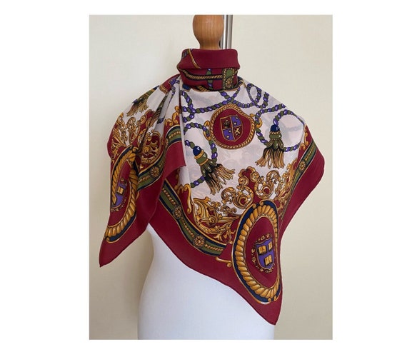 Vintage 90s Silk Square Scarf Burgundy Ivory Yell… - image 1