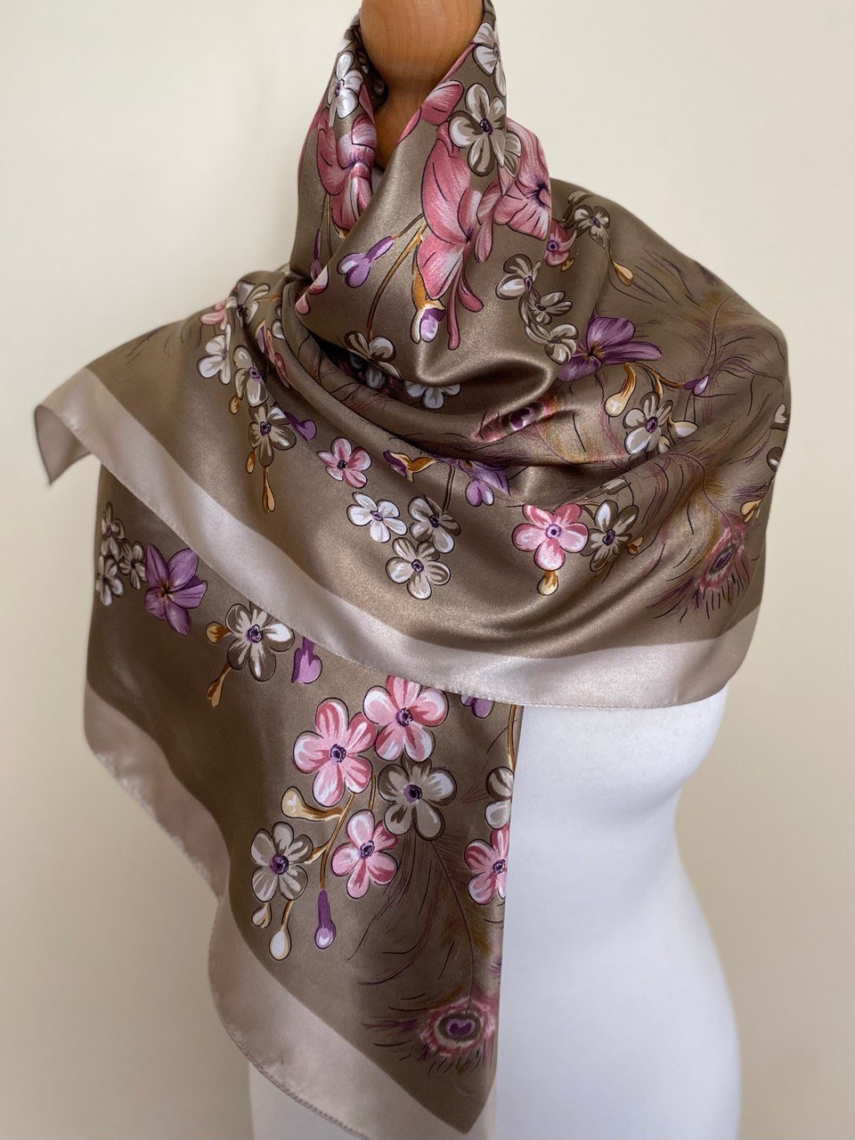 Vintage EYFEL Square Scarf Shawl Tan Purple Dusty Rose Neckerchief